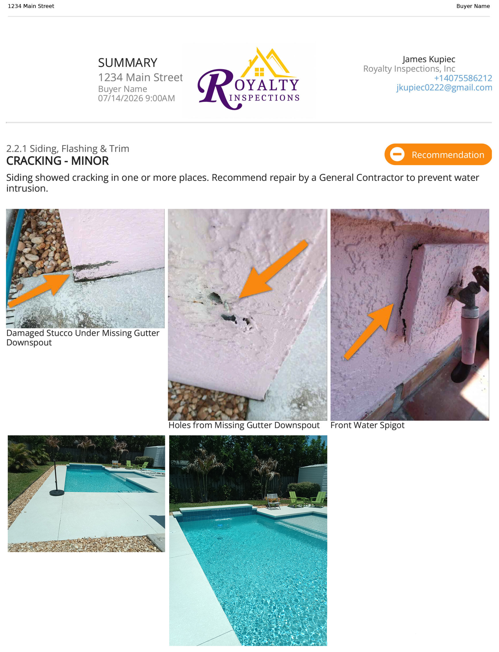 A real Royalty Inspections summary report — annotated photos and clear recommendations